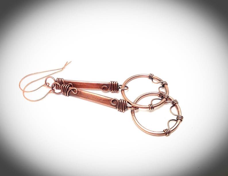 Wire earrings. Hanging earrings, Copper jewelry. Fancy antiqued wire wrapped stick earrings with hoops image 5