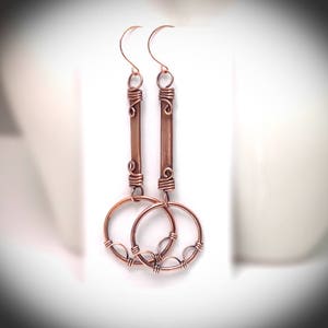 Wire earrings. Hanging earrings, Copper jewelry. Fancy antiqued wire wrapped stick earrings with hoops image 8