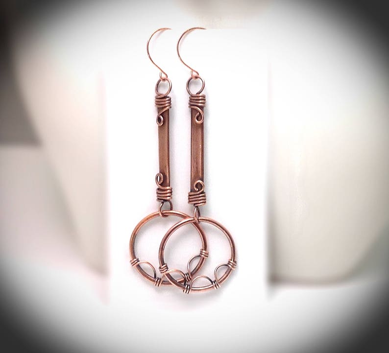 Wire earrings. Hanging earrings, Copper jewelry. Fancy antiqued wire wrapped stick earrings with hoops image 8