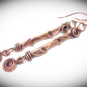 Wire earrings, Copper jewelry. Antiqued copper wire wrapped stick earrings with scrolling. Handcrafted jewelry.
