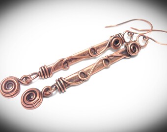 Handcrafted Antiqued Copper Wire Wrapped Stick Earrings