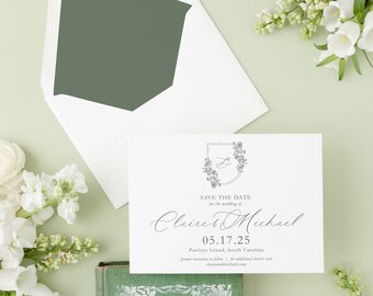 May include: Save the date card with a floral wreath design and the names Claire & Michael. The date is 05.17.25 and the location is Pawleys Island, South Carolina. The website claircandmichael.com is also included.