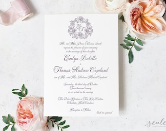 May include: A formal wedding invitation with elegant script in dark purple ink. The invitation includes the names of the bride and groom, date, time, and location. A floral wreath with the initials "E" and "T" decorates the top.