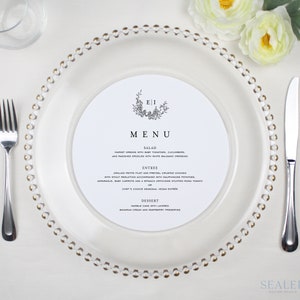 8 inch Round Wedding Menu for Charger, Printed Menu, with Wreath and Monogram