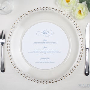 8 inch Round Wedding Menu for Charger, Printed Menu, Classic Script