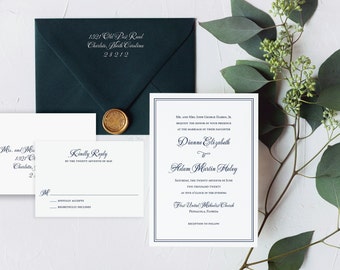 May include: A wedding invitation suite with a dark green envelope, a white RSVP card, and a white invitation card with navy blue text. The invitation card reads "Mr. and Mrs. John George Harris, Jr. request the honor of your presence at the marriage of their daughter Dianne Elizabeth to Adam Martin Haley Saturday, the twenty-seventh of June two thousand twenty at five o'clock in the evening First United Methodist Church Pensacola, Florida Reception to follow"