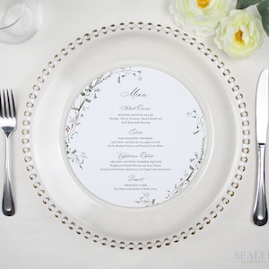 Personalized Round Wedding Menu - Wildflower Charger Plate - Elegant Script Design