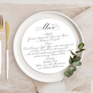 8 inch Round Wedding Menu in All Script for a Charger