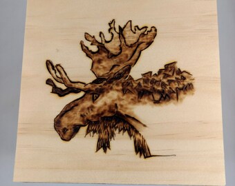 Box, Wood, Rustic Pine, Square, Burned American Moose, 6 inch, Keepsake Storage Box, Jewelry Box, Household Decor, Home Decor, Gift Him Her