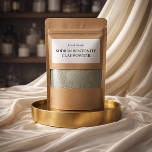 May include: A brown paper pouch labeled "Food Grade Sodium Bentonite Clay Powder" with a clear window revealing a light green powder. The pouch rests on a round, gold-colored tray, set against a backdrop of draped fabric.