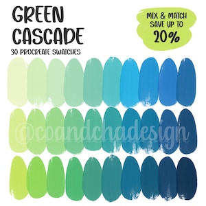 Green Cascade - Procreate Color Palette: 30 Swatches, HEX Codes, Digital Download