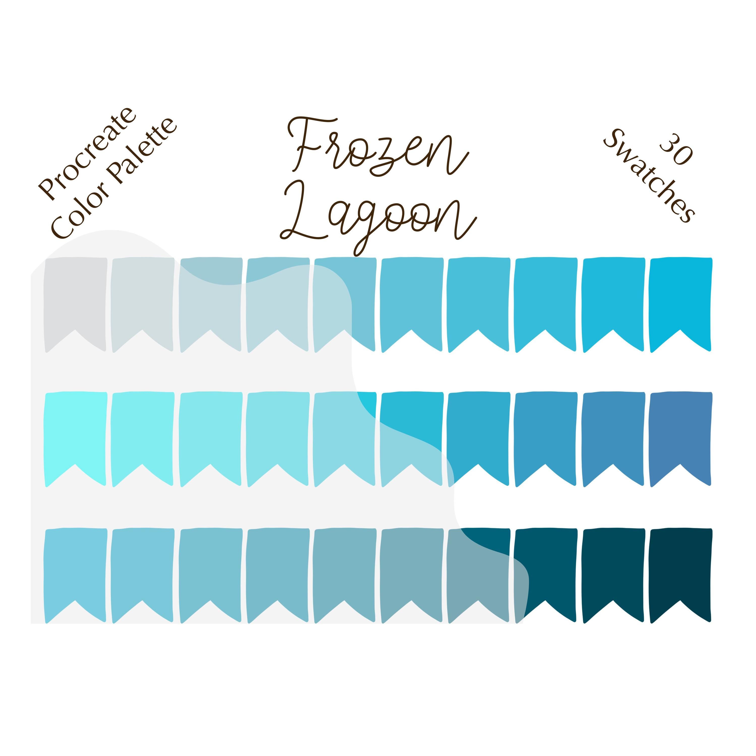 Paleta de colores Procreate Frozen Lagoon con 30 muestras y códigos HEX