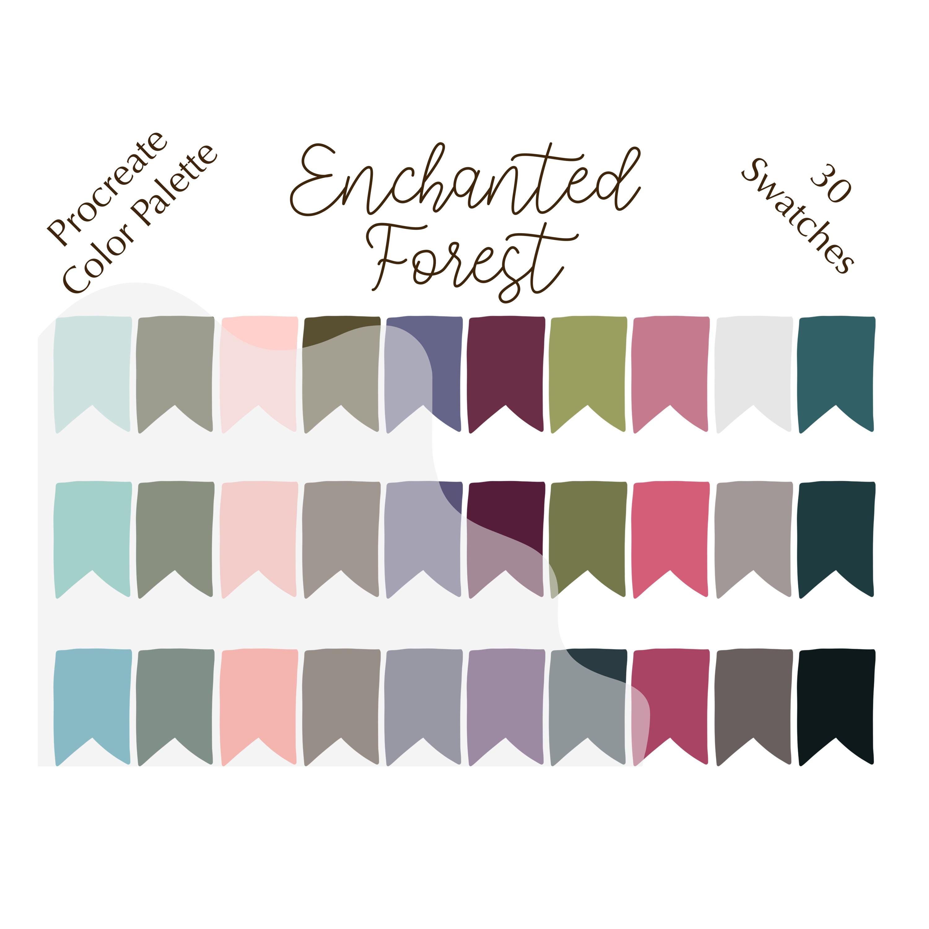 Palette de couleurs Forêt Enchantée pour Procreate avec 30 nuanciers et codes HEX