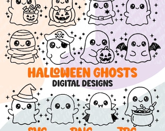 May include: A collection of black and white digital illustrations featuring twelve cute ghosts with various Halloween accessories like pumpkins, hats, and a cauldron. The text reads HALLOWEEN GHOSTS DIGITAL DESIGNS, SVG, PNG, JPG, and DIGITAL DOWNLOAD - NO PHYSICAL ITEM.