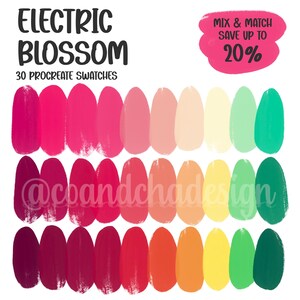 May include: A digital color palette titled Electric Blossom featuring 30 Procreate swatches arranged in three rows. The swatches display a vibrant spectrum of colors including shades of magenta, pink, peach, cream, yellow, and green.