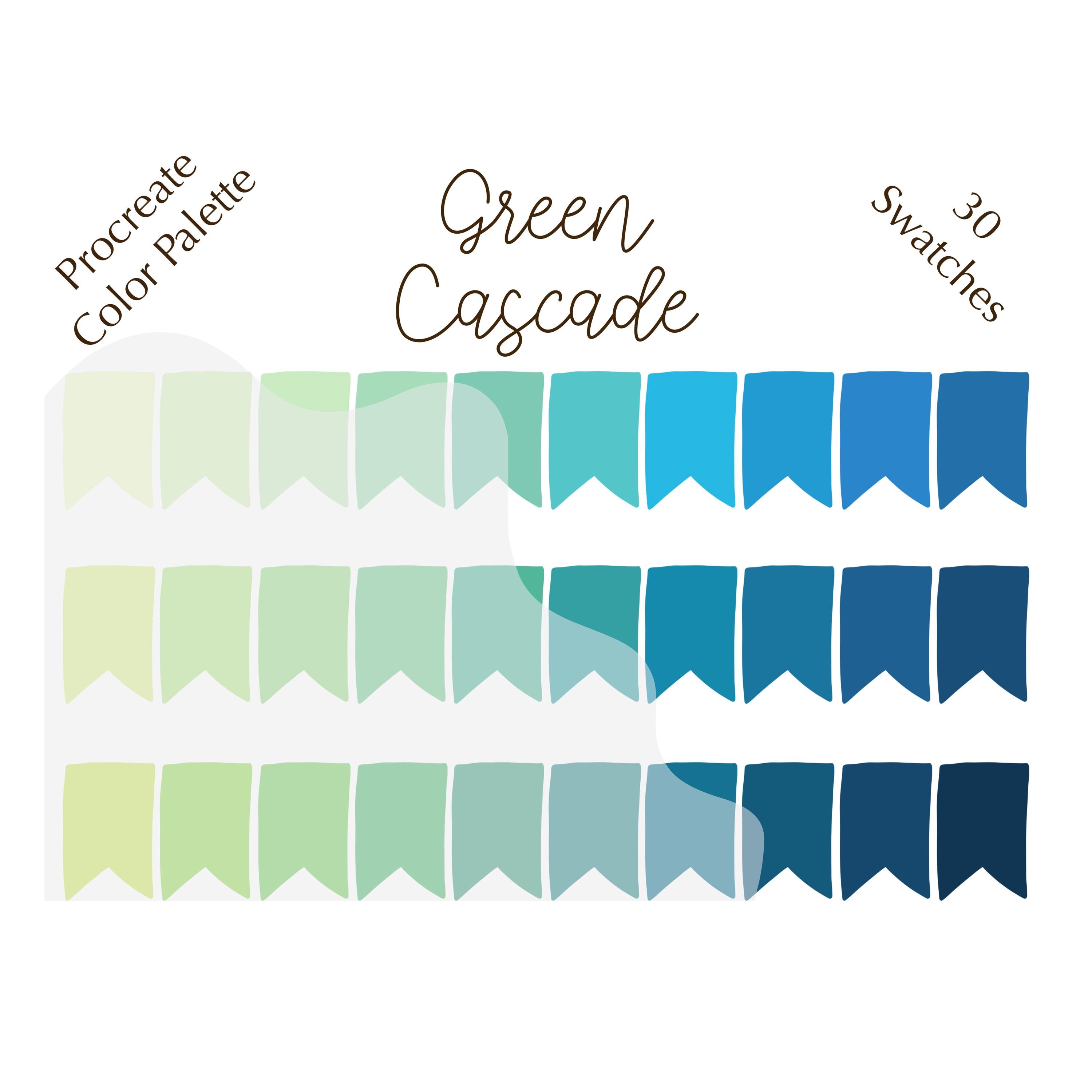 Paleta de colores Procreate Green Cascade con códigos HEX – Verdes exuberantes y azules acuáticos