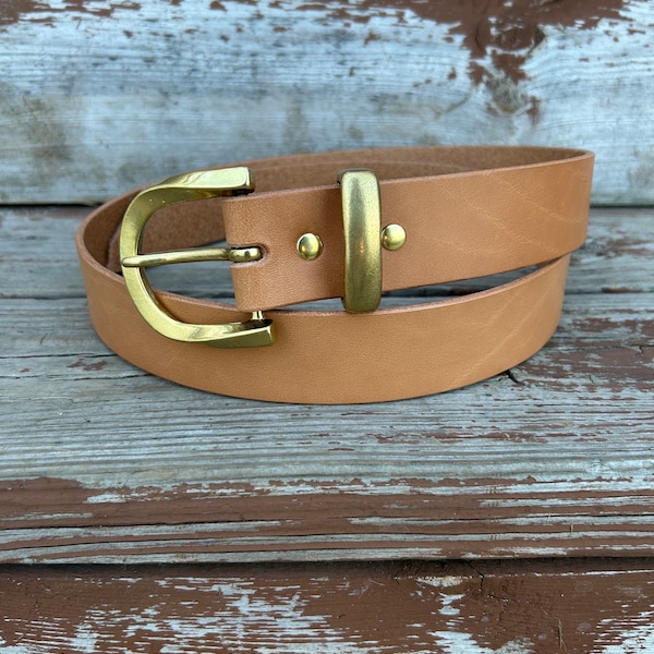 Italian Natural Veg Tan Leather Belt - Japanese Raw Brass Buckle & Keeper - La Perla Azzurra - 1.5” 1-1/2” wide
