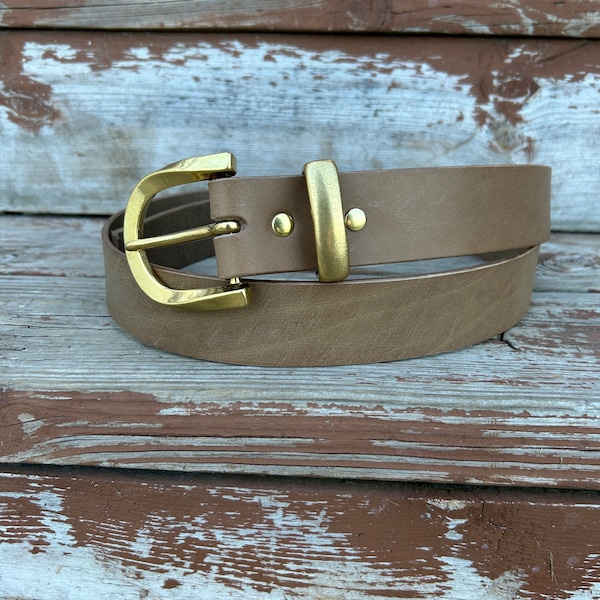 Italian Olive Veg Tan Leather Belt - Japanese Raw Brass Buckle & Keeper - La Perla Azzurra - 1.5” 1-1/2” wide