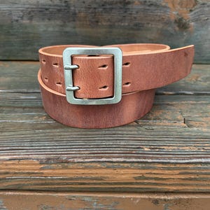 Horween 英国タンダブリンレザーベルト - 日本製真鍮バックル マットニッケル - 1-1/2" 1.5" - ダブルプロング