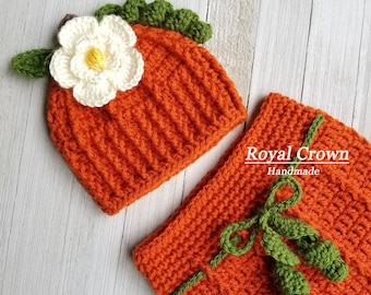Set gehaakte babypompoenmuts en cocon: fotorekwisiet halloweenkostuum