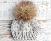 Newborn Pom Pom Hat, Chunky Knit Beanie, Faux Fur PomPom, Winter Boy Coming Home Outfit, Baby Beanie Boy, Grey Boys Hat, RoyalCrownHandmade
