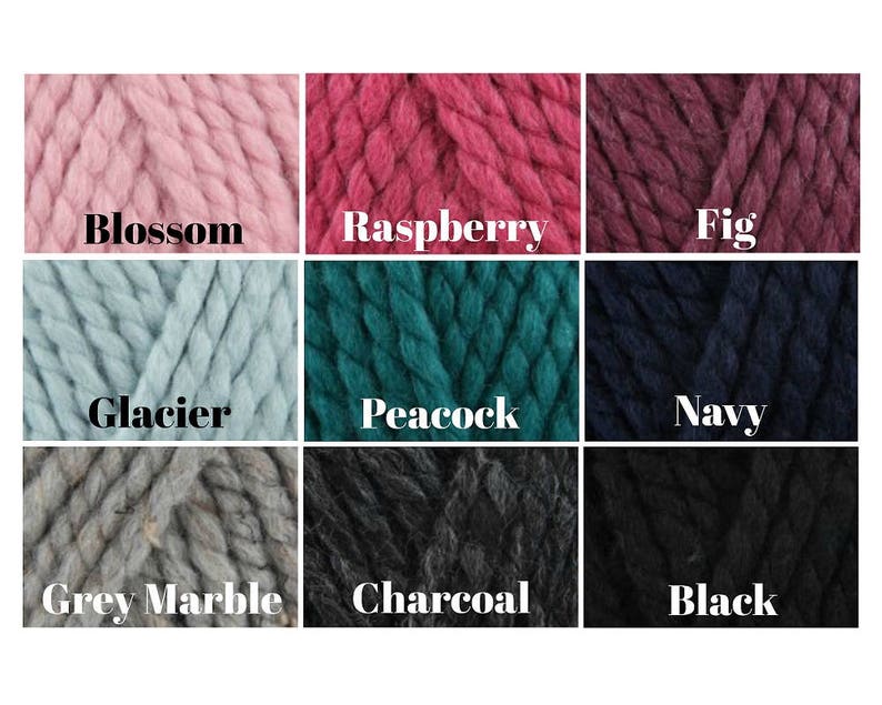 May include: A color chart showing 9 different yarn colors. The colors are: Blossom, Raspberry, Fig, Glacier, Peacock, Navy, Grey Marble, Charcoal, and Black.
