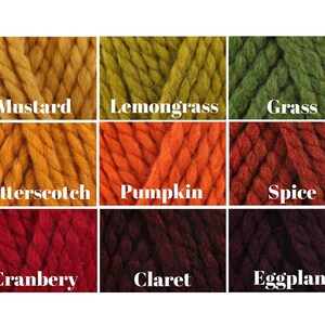May include: Nine skeins of yarn in various autumnal colors, including mustard, lemongrass, grass, butterscotch, pumpkin, spice, cranberry, claret, and eggplant.
