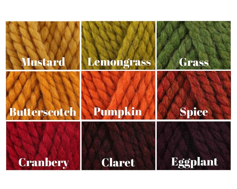 May include: Nine skeins of yarn in various autumnal colors, including mustard, lemongrass, grass, butterscotch, pumpkin, spice, cranberry, claret, and eggplant.