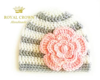 Crochet Newborn Girl Hat: Gray Stripe, Pink Flower (Handmade)