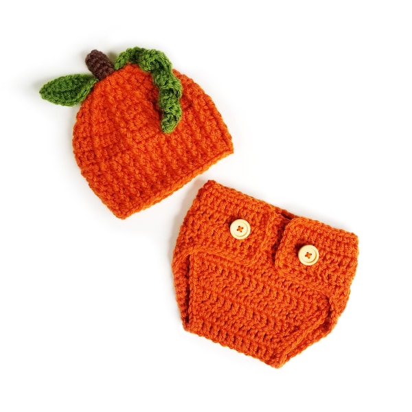 Baby Boy Pumpkin Hat and Diaper Cover Set, Crochet Pumpkin Hat, Newborn Pumpkin Halloween Costume, Newborn Boy Photo Shoot Outfit, Knit Hats