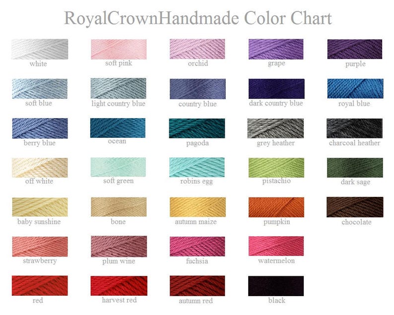 Pu&ograve; includere: Tabella colori che mostra campioni di filato in vari colori, tra cui bianco, rosa tenue, orchidea, uva, viola, azzurro, azzurro chiaro di campagna, azzurro di campagna, azzurro scuro di campagna, blu reale, blu bacca, oceano, pagoda, grigio melange, carbone, bianco sporco, verde tenue, uovo di pettirosso, pistacchio, verde scuro, sole bambino, osso, mais autunnale, zucca, cioccolato, fragola, vino di prugna, fucsia, anguria, rosso, rosso raccolto, rosso autunnale e nero.