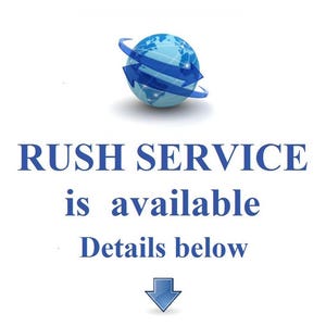 May include: A blue globe with a blue arrow circling around it. The text "RUSH SERVICE is available Details below" is below the globe with a blue arrow pointing down.
