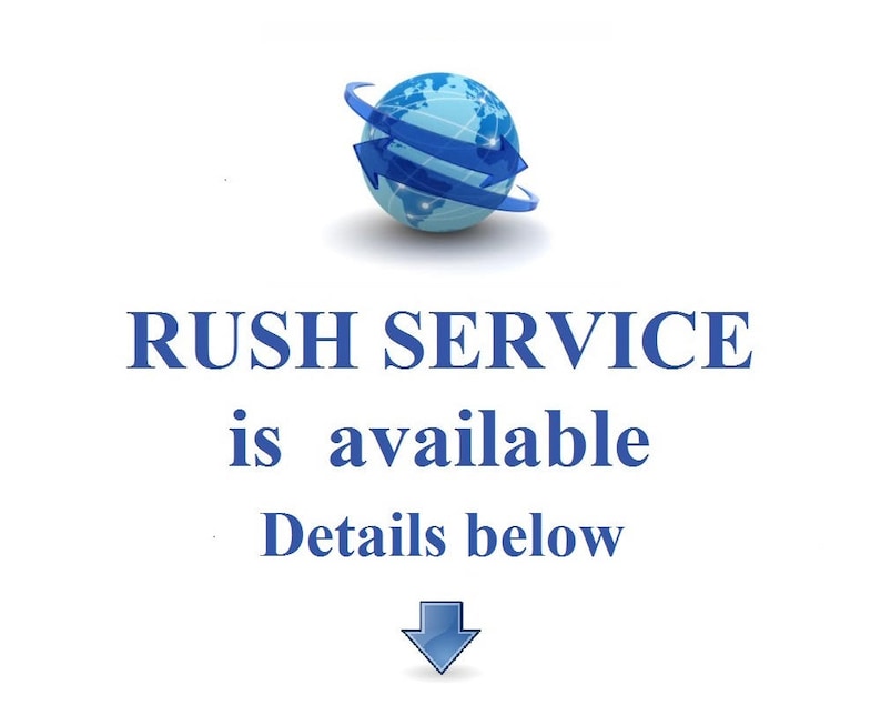 May include: A blue globe with a blue arrow circling around it. The text "RUSH SERVICE is available Details below" is below the globe with a blue arrow pointing down.