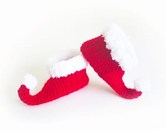 Pantofole da elfo per bambini, scarpine all'uncinetto per bambini, scarpe da elfo rosse, scarpine da elfo, scarpe di Natale, accessorio per foto di neonati, costume da elfo, RoyalCrownHandmade