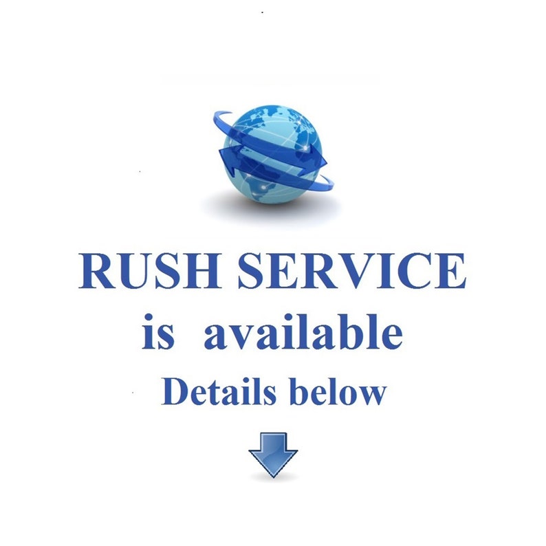 Pu&ograve; includere: Un globo terrestre blu con frecce che lo circondano, con il testo "RUSH SERVICE is available Details below" e una freccia blu verso il basso.