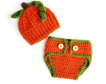 Baby Pumpkin Halloween costume, Crochet Pumpkin Hat, Diaper Cover Set, Autumn Baby Clothes, October Newborn Outfit, November Baby Shower