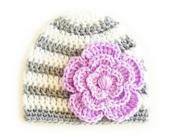 Crochet Baby Girl Hat: Gray Stripe, Orchid Flower, Newborn Photo Prop