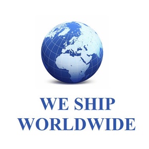 May include: A blue globe with a white map of the world, with the text "WE SHIP WORLDWIDE" below it.