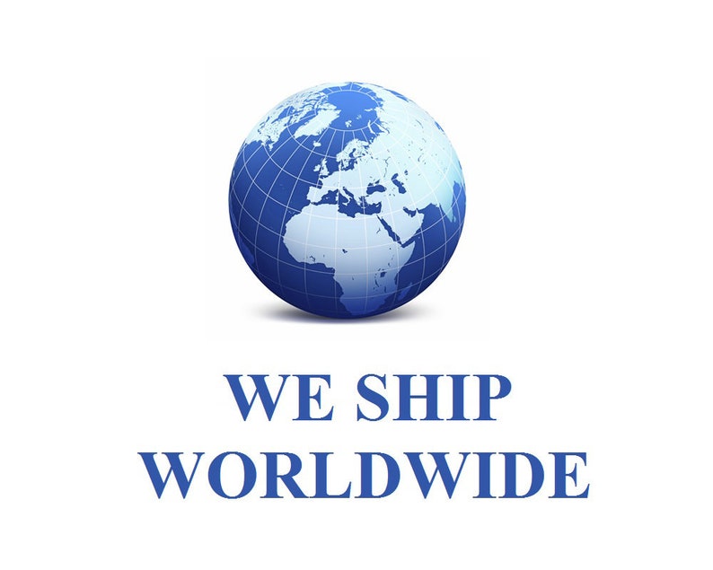 May include: A blue globe with a white map of the world, with the text "WE SHIP WORLDWIDE" below it.