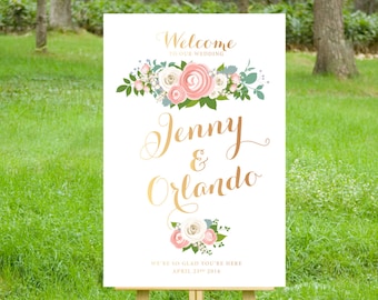 The JENNY . Rose Gold Copper White Welcome Ceremony Sign Pink Peony Ranunculus White Rose Garland Dusty Miller Blue . Large Printed Sign