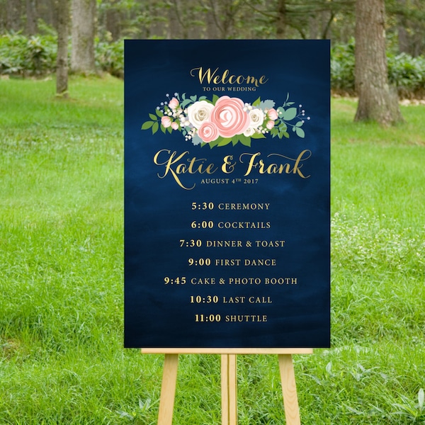 The JENNY . Timeline Event Sign Wedding Program Itinerary Printed Large Sign or PDF . Gold Calligraphy Navy Chalkboard Pink White Peony Rose