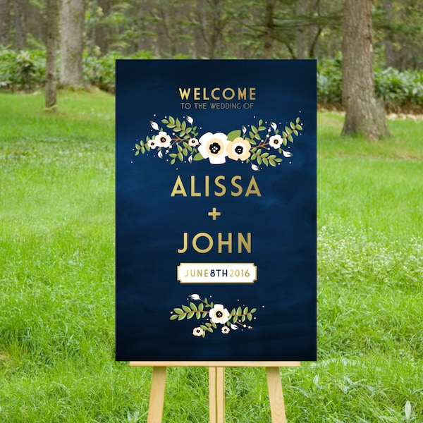 Welcome Sign . White Cream Anemone Poppy Magnolia Flower Garland Gold & Navy Chalkboard Nautical Military Blue . Large PRINTED Wedding Sign