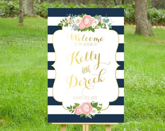 El KELLY . Bienvenida boda ceremonia signo . Impreso en papel pesado, tablero de espuma o lienzo. Stripes & Gold Caligraphy Blush Roses Peonies