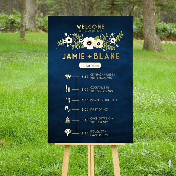 The ALYSSA . PRINT or PDF, Shipping Included. Timeline Event Icons Sign Wedding Program. Gold & Navy Chalkboard Cream Ivory Anemone Magnolia