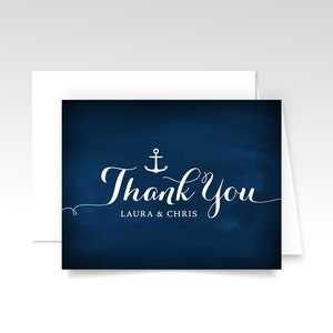 Cartes de remerciement nautique & enveloppes. Blanc calligraphie tableau marine. Mariage sur la plage de l’océan d’ancrage.  Couleur personnalisé imprimé cartes Luxe lourds