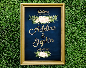 The JAYLA . Welcome Wedding Ceremony Sign . Navy Blue & Gold Calligraphy . Fern Dahlia White Rose Garland Green leaves . Large Printed Sign