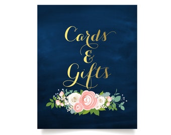 The JENNY . Cards & Gifts Sign Gift Table . Heavy Paper Print or PDF . Gold Calligraphy Navy Chalkboard . Ranunculus Rose Peony Dusty Miller