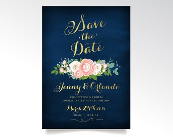 The JENNY . Save the Date . Gold Calligraphy & Navy . Pink Blush Peony White Rose Green Garland Ranunculus Dusty Miller Blue . PRINTED Cards