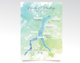 Lake Como Italy Map 5 x 7in Card . Custom Wedding Watercolor & Directions . Calligraphy Destination Lake Alps . PRINTED