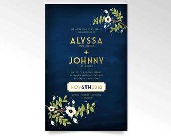 Invitation Set Anemone Magnolia Poppy Garland Wedding . Olive Leaf Branch Vintage Gold & Navy Chalkboard White Creme . PRINTED 3-Card Set